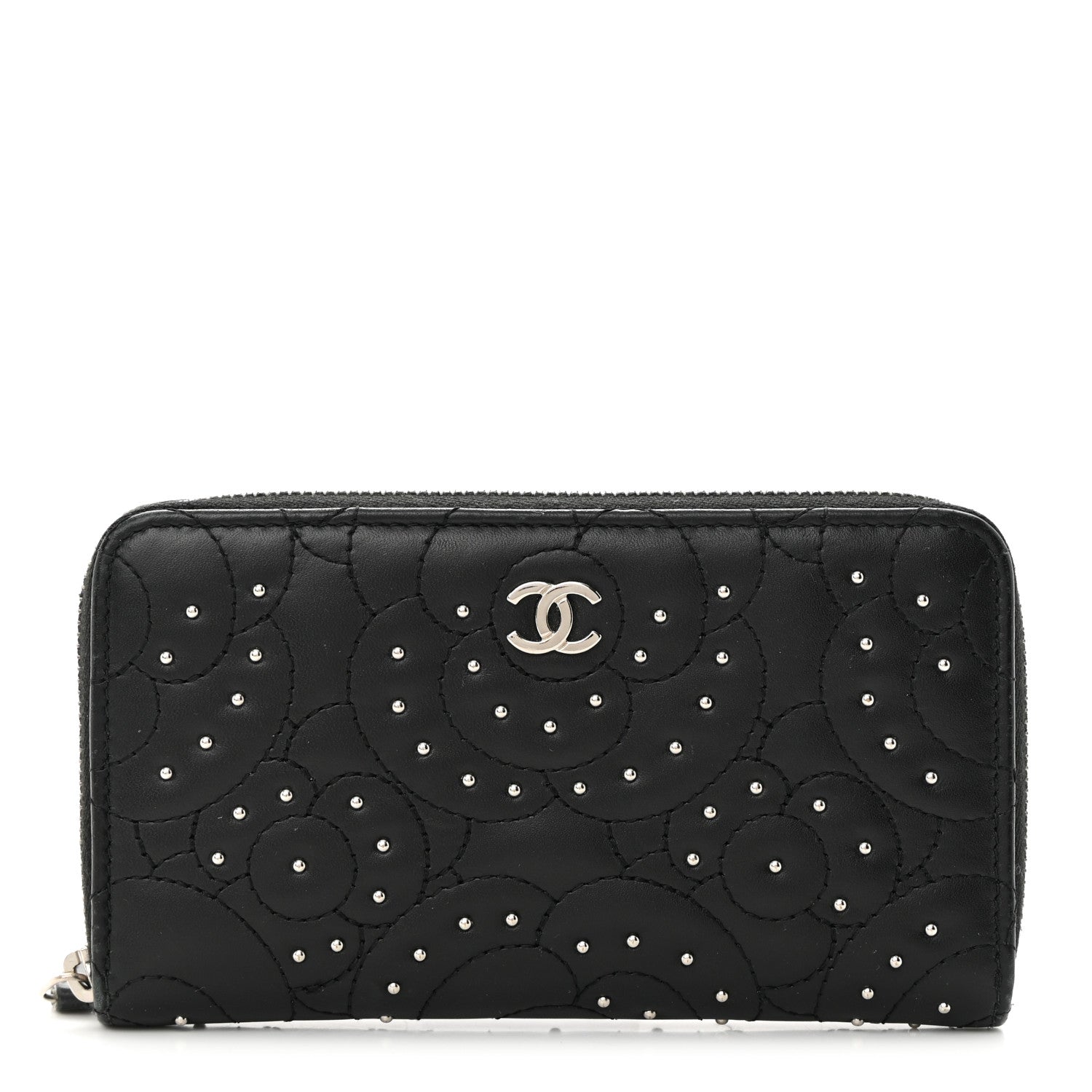 Chanel Lambskin Camellia Studded Medium Gusset Zip Around Wallet Black 1 of 12