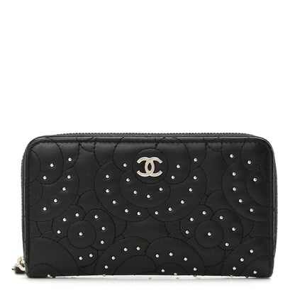 Chanel Lambskin Camellia Studded Medium Gusset Zip Around Wallet Black 1 of 12