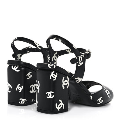 Chanel Printed Lambskin CC Sandals 37 Black White 4 of 9