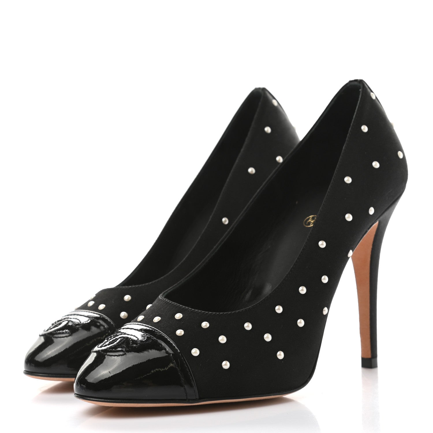 Chanel Satin Pearl Patent Cap Toe Pumps 38 Black 3 of 8