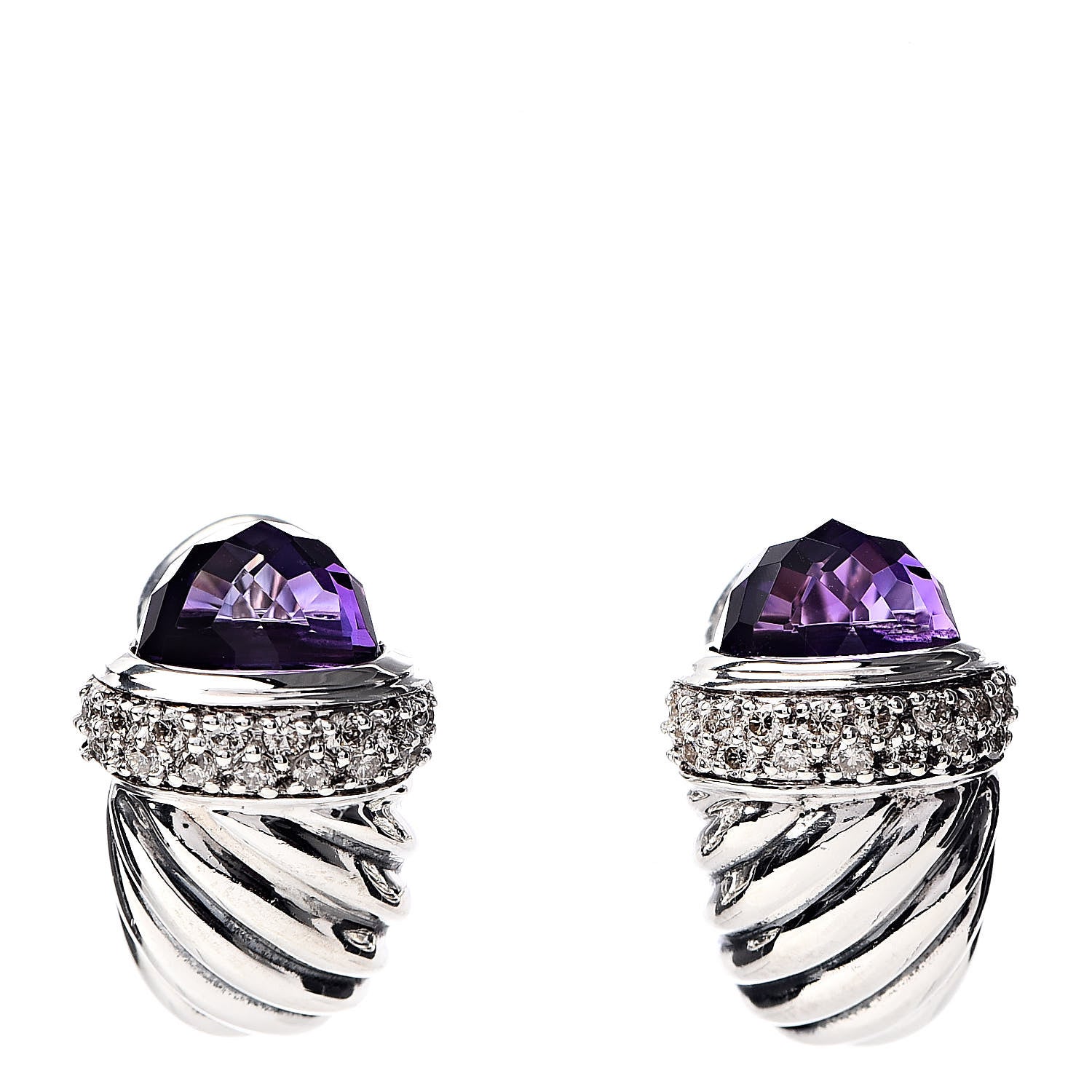 David Yurman Sterling Silver Diamond Amethyst Shrimp Earrings 1 of 4