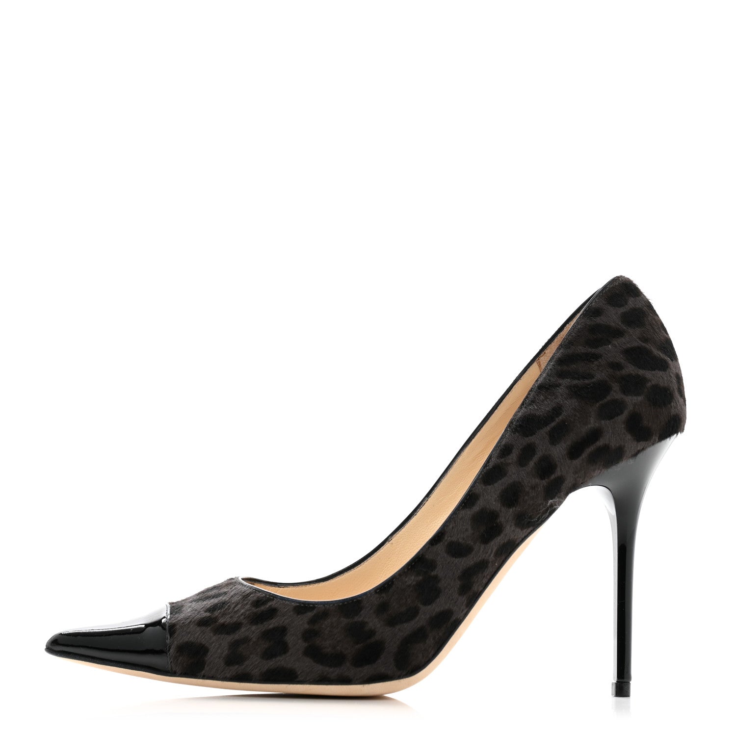 Jimmy Choo Pony Hair Patent Calfskin Leopard Print Mika 85 Cap Toe Pumps 37 Smoke Black 1 of 11