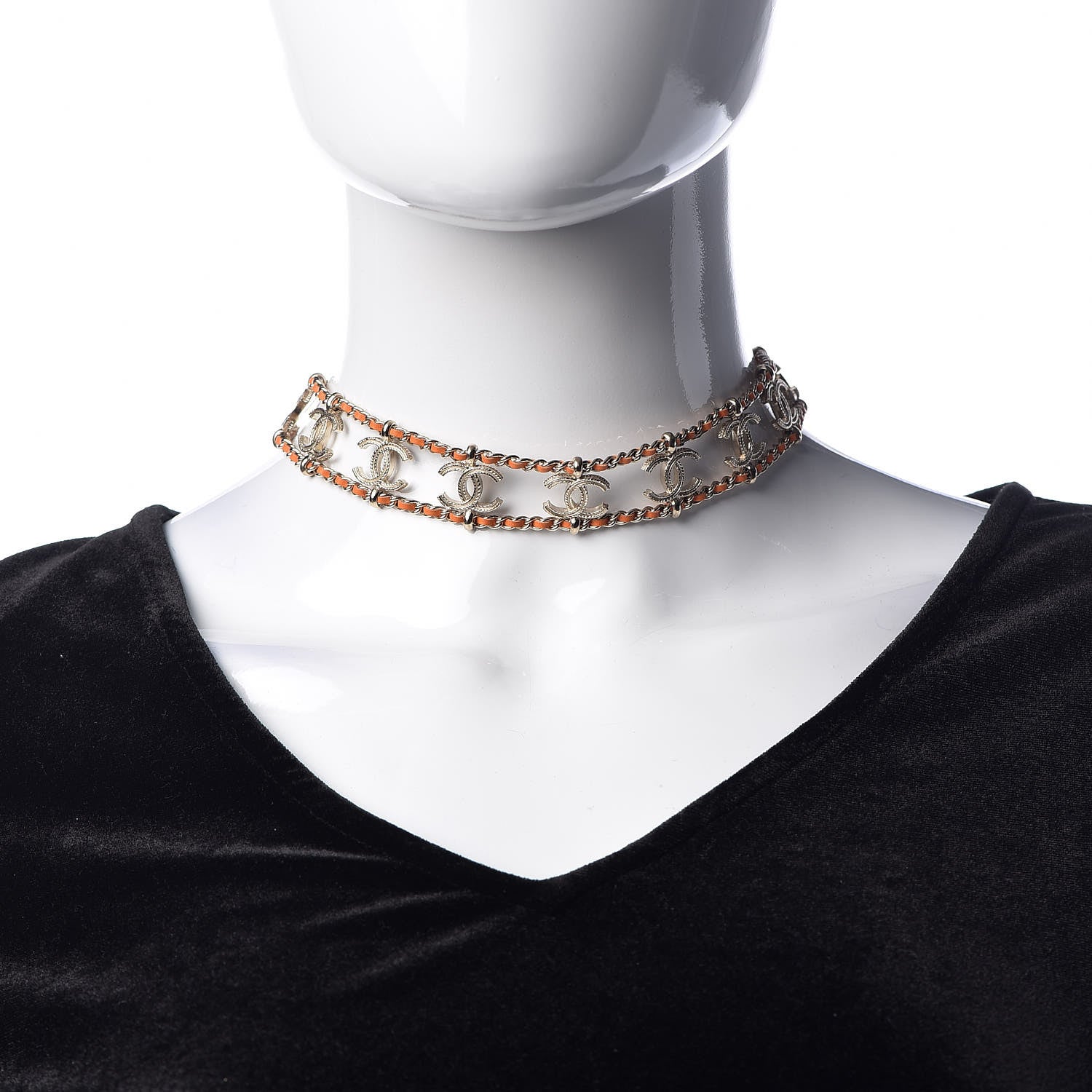 Chanel Metal Lambskin CC Chain Link Choker Necklace Gold Orange Pink 2 of 5
