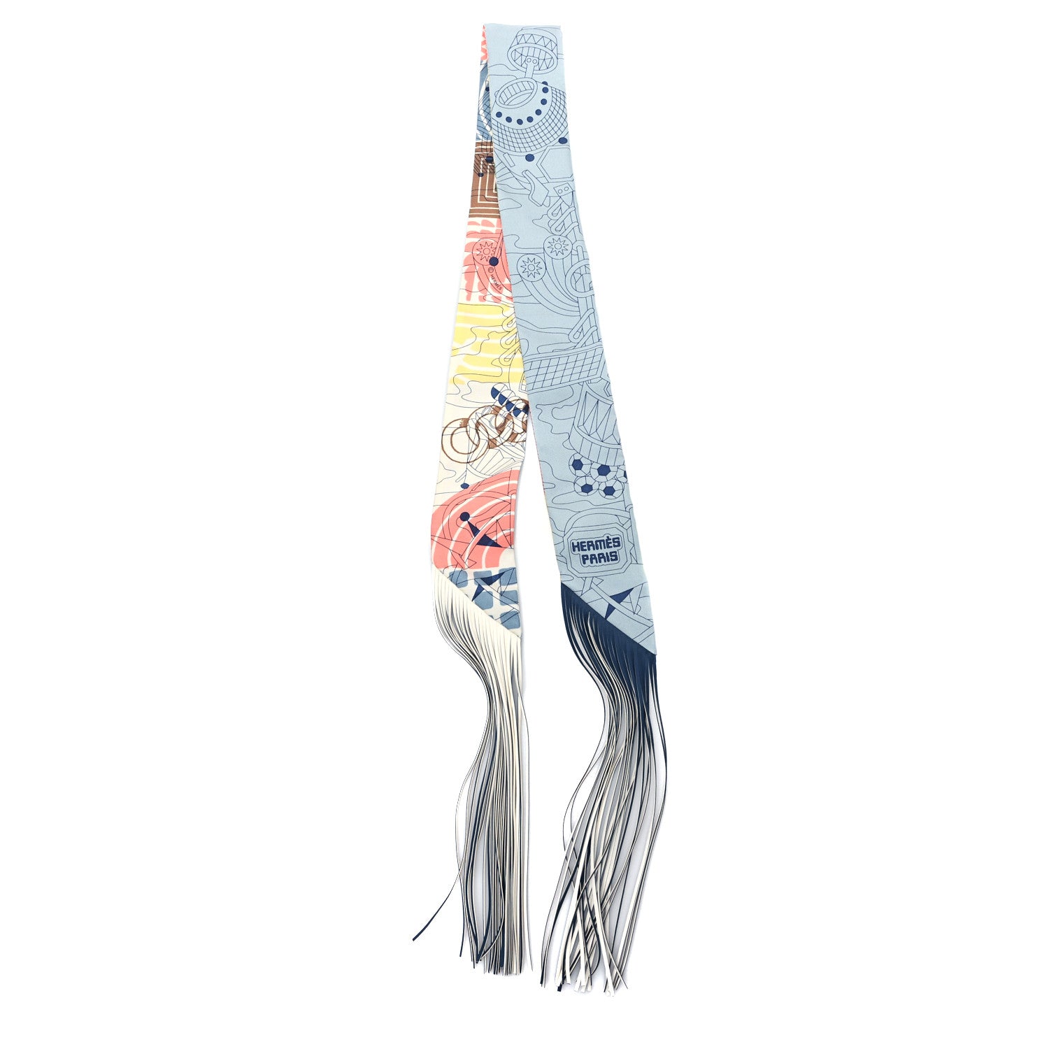 Hermes Silk Au Bloc Fringed Twilly Bleu Rose Vert 2 of 3