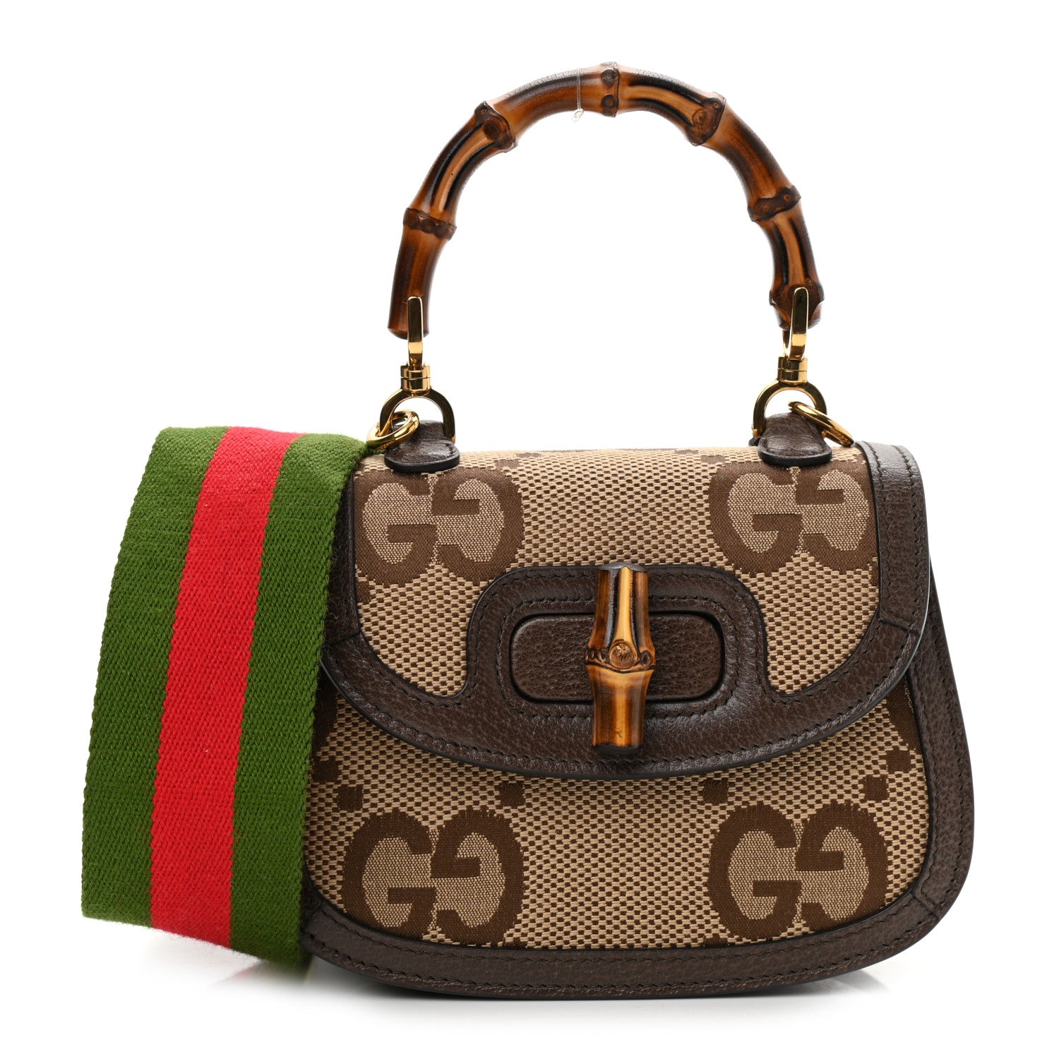 Gucci Monogram Jumbo GG Textured Dollar Calfskin Web Mini Bamboo 1947 Top Handle Bag Camel Ebony New Acero 1 of 10