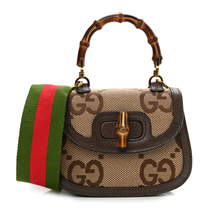 Gucci Monogram Jumbo GG Textured Dollar Calfskin Web Mini Bamboo 1947 Top Handle Bag Camel Ebony New Acero 1 of 10