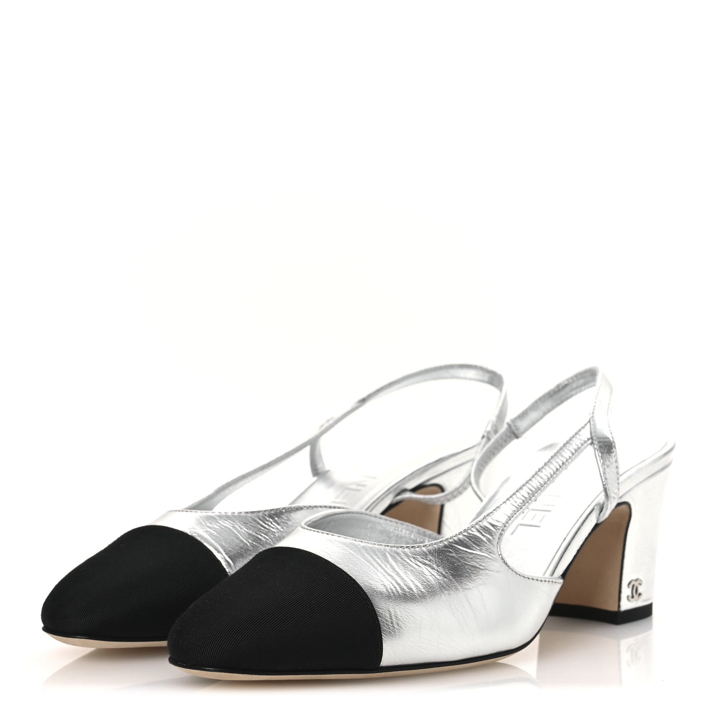 Laminated Crumpled Lambskin Grosgrain Cap Toe CC Slingback Pumps 37.5 Silver Black