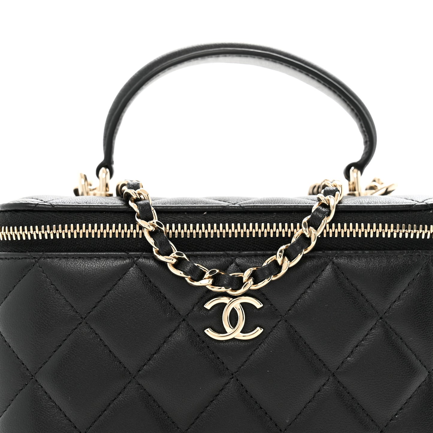 Lambskin Quilted Small Top Handle Vanity Case With Chain Black