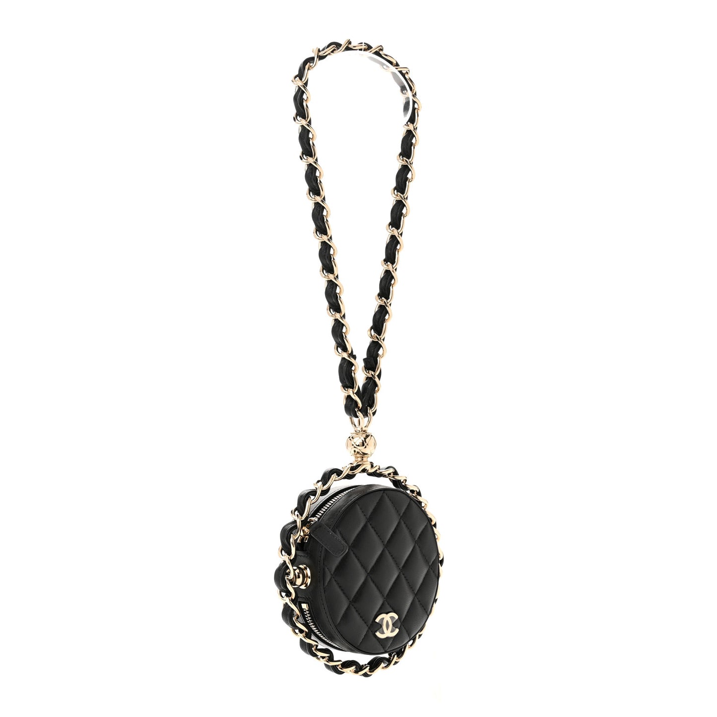 Lambskin Quilted Chain Round Mini Clutch Black