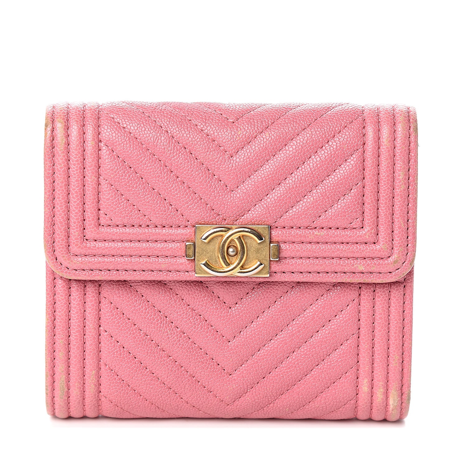 Iridescent Caviar Chevron Quilted Boy Compact Wallet Dark Pink