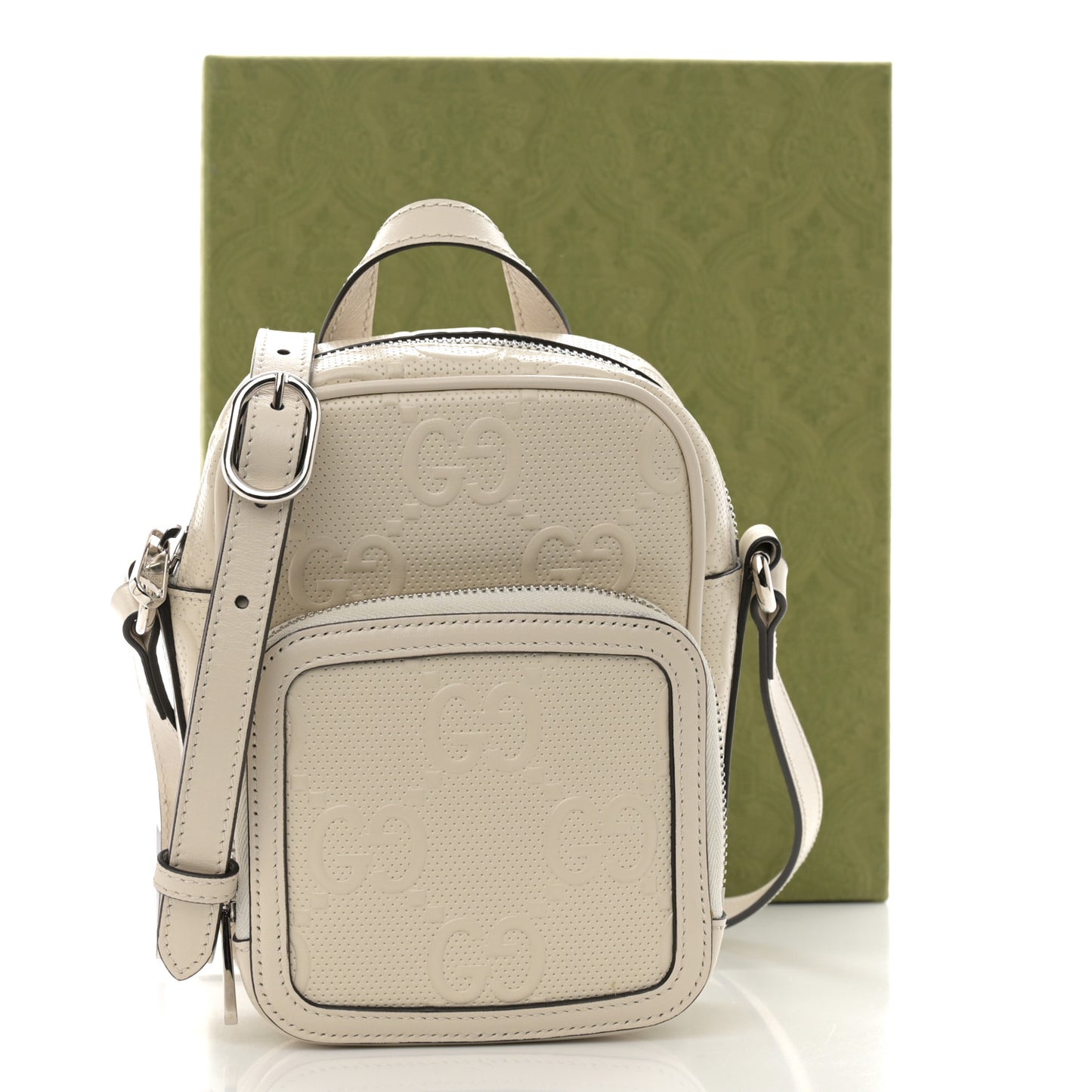Calfskin GG Tennis Embossed Mini Double Zip Messenger Bag Mystic White