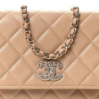Chanel Caviar Quilted Crystal CC Wallet On Chain WOC Beige 8 of 10