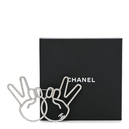 Chanel Strass Crystal Peace Sign Emoji Brooch Silver 5 of 5