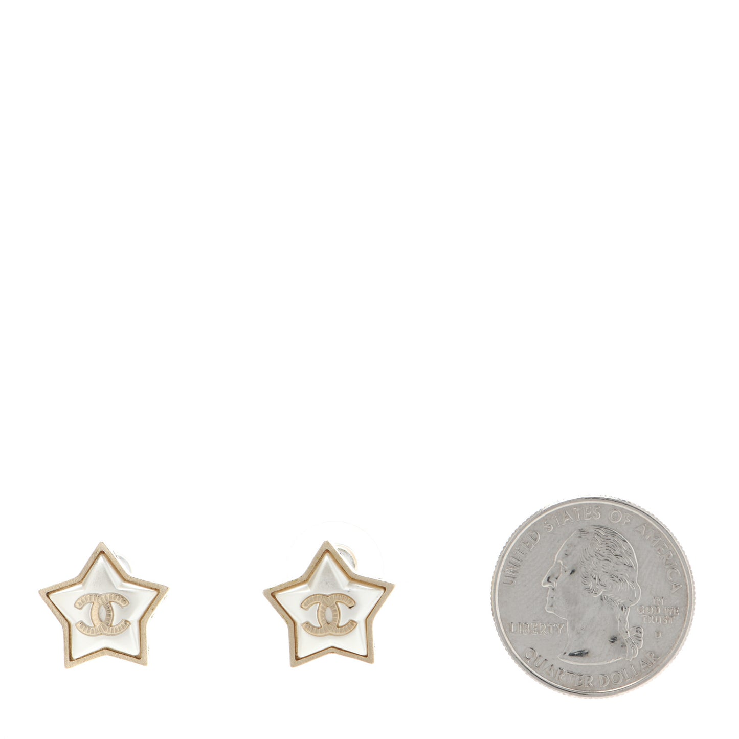 Resin Metal CC Star Earrings Gold Pearly White