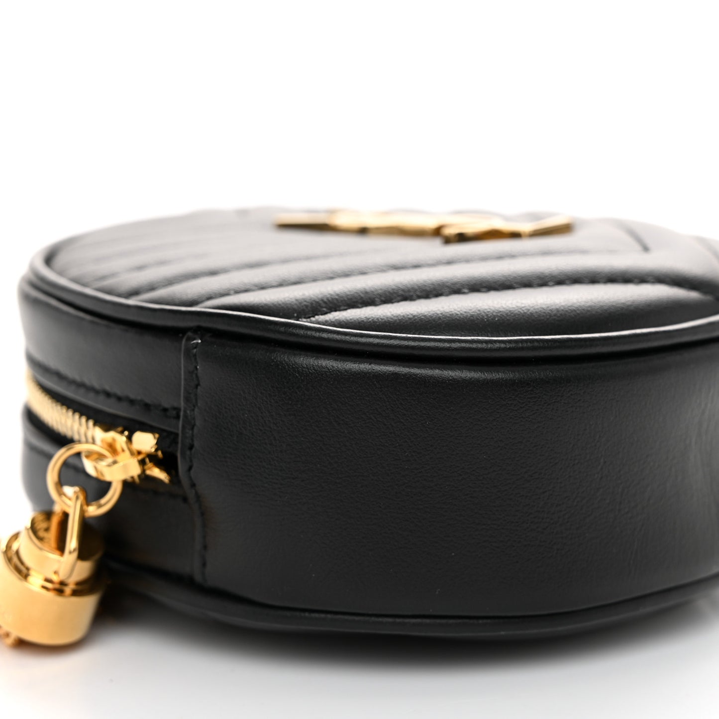 Calfskin Matelasse Chevron Quilted Baby Round Vinyle Belt Bag Black