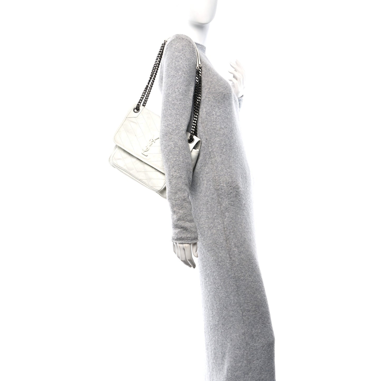 Crinkled Calfskin Matelasse Monogram Medium Niki Chain Satchel Ivory