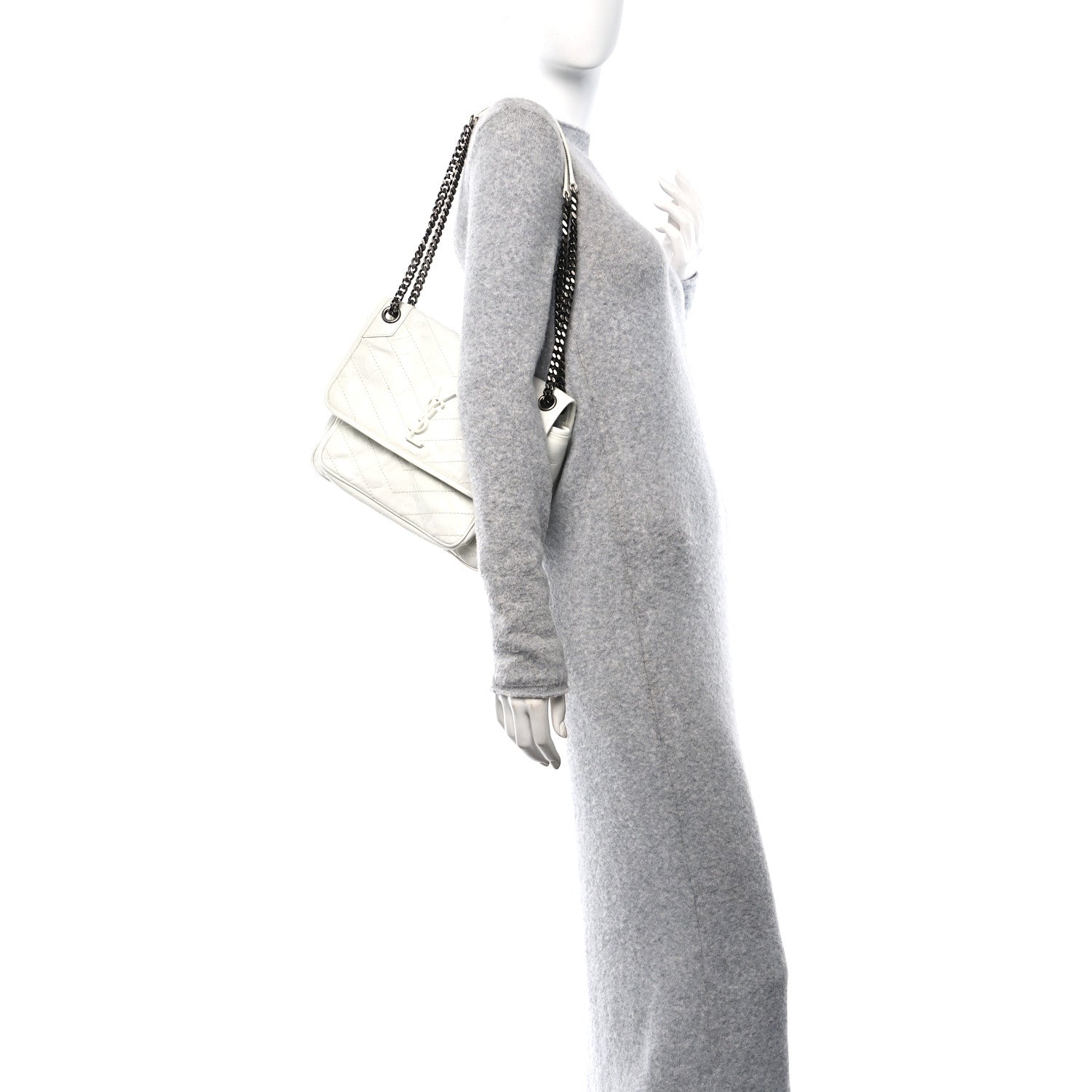 Saint Laurent Crinkled Calfskin Matelasse Monogram Medium Niki Chain Satchel Ivory 2 of 10
