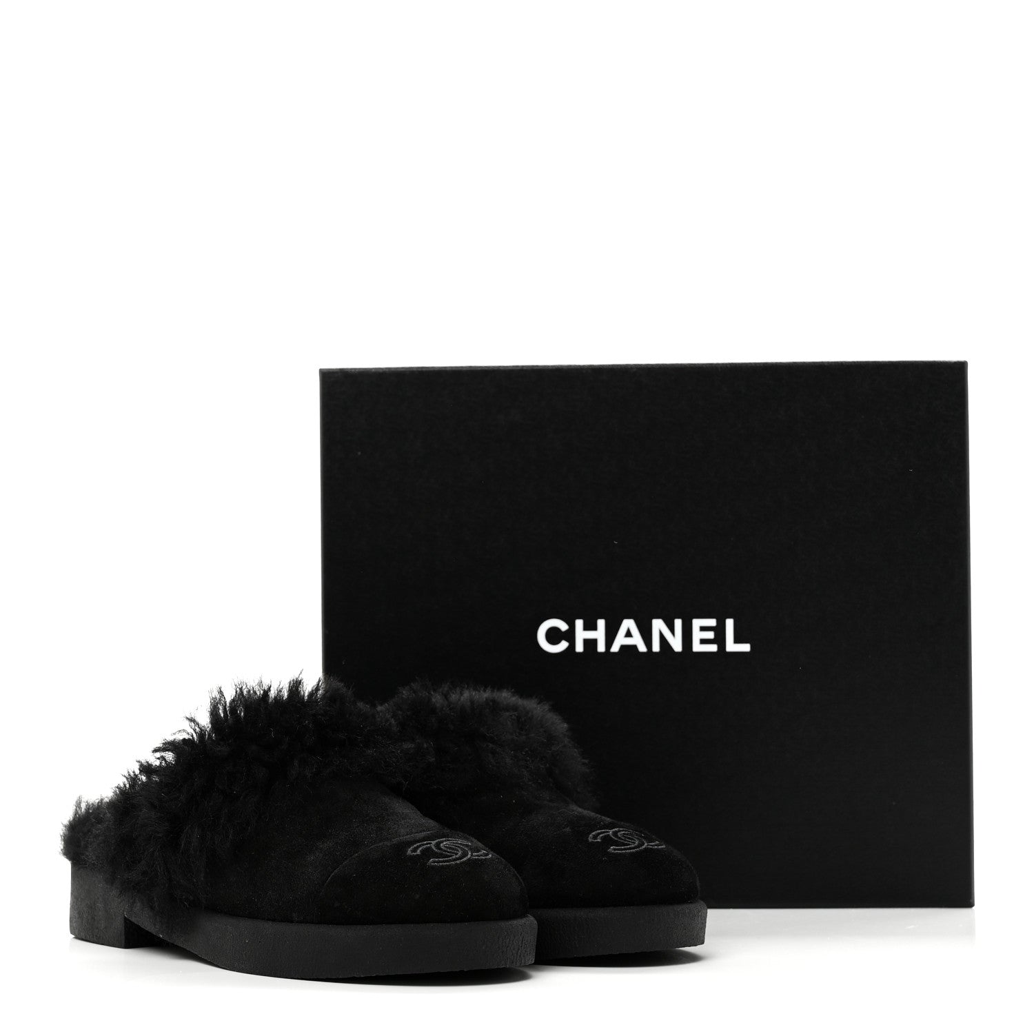 CHANEL ブラック ポインテッドトゥ ミュール Chanel Suede Shearling CC Cap Toe Mules 36 Black 1866153