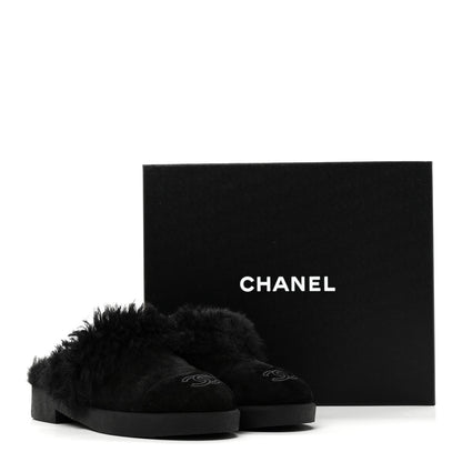 Chanel Suede Shearling CC Cap Toe Mules 36 Black 10 of 10