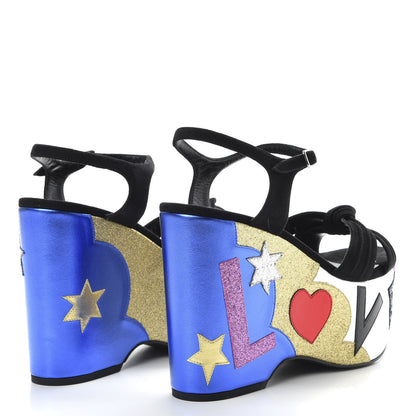 Saint Laurent Suede Glitter Calfskin Candy Love Platform Wedge Sandals 40 Black Multicolor 4 of 10