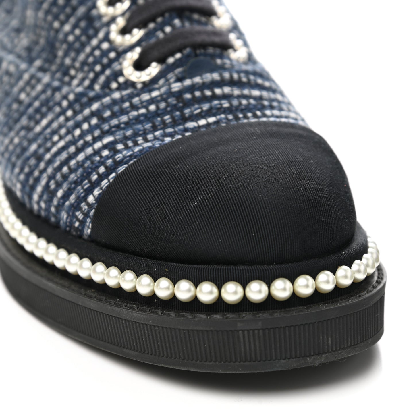 Denim Grosgrain Camellia Pearl Lace Up Sneakers 37.5 Blue Black