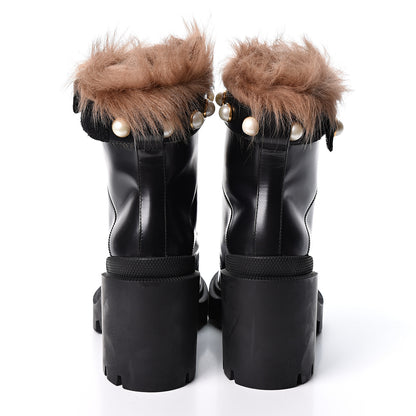 Gucci Magnum Calfskin Fur Pearl Lace Up Combat Ankle Boots 35 Black Naturale 5 of 8