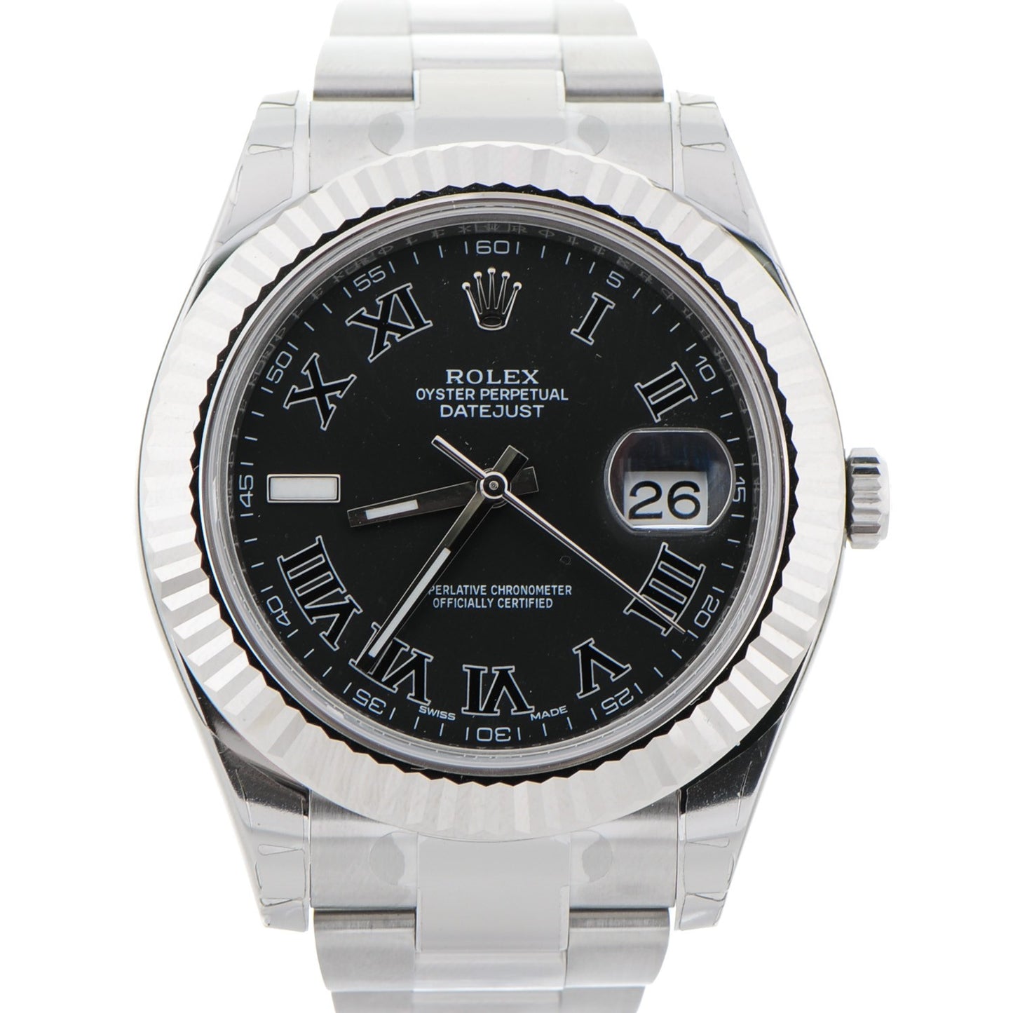 Stainless Steel 18K White Gold 41mm Oyster Perpetual Datejust Watch Black Roman 116334