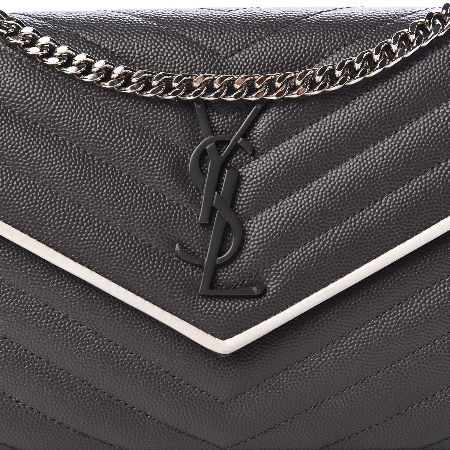 Saint Laurent Grain De Poudre Matelasse Chevron Monogram Chain Wallet Grey White 10 of 10