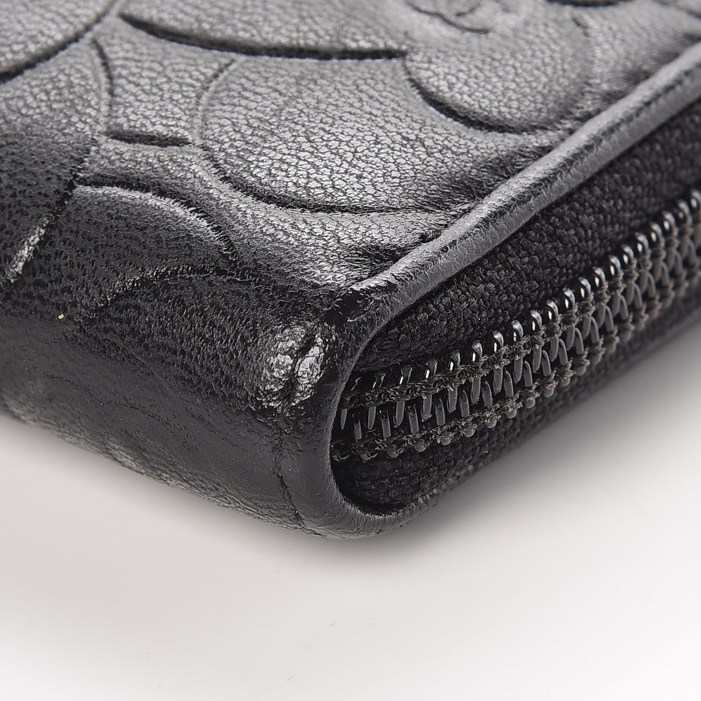 Lambskin Camellia Embossed Large Zip Around Gusset Wallet Black