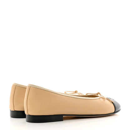 Chanel Lambskin Cap Toe CC Ballerina Flats 37.5 Beige Black 4 of 9