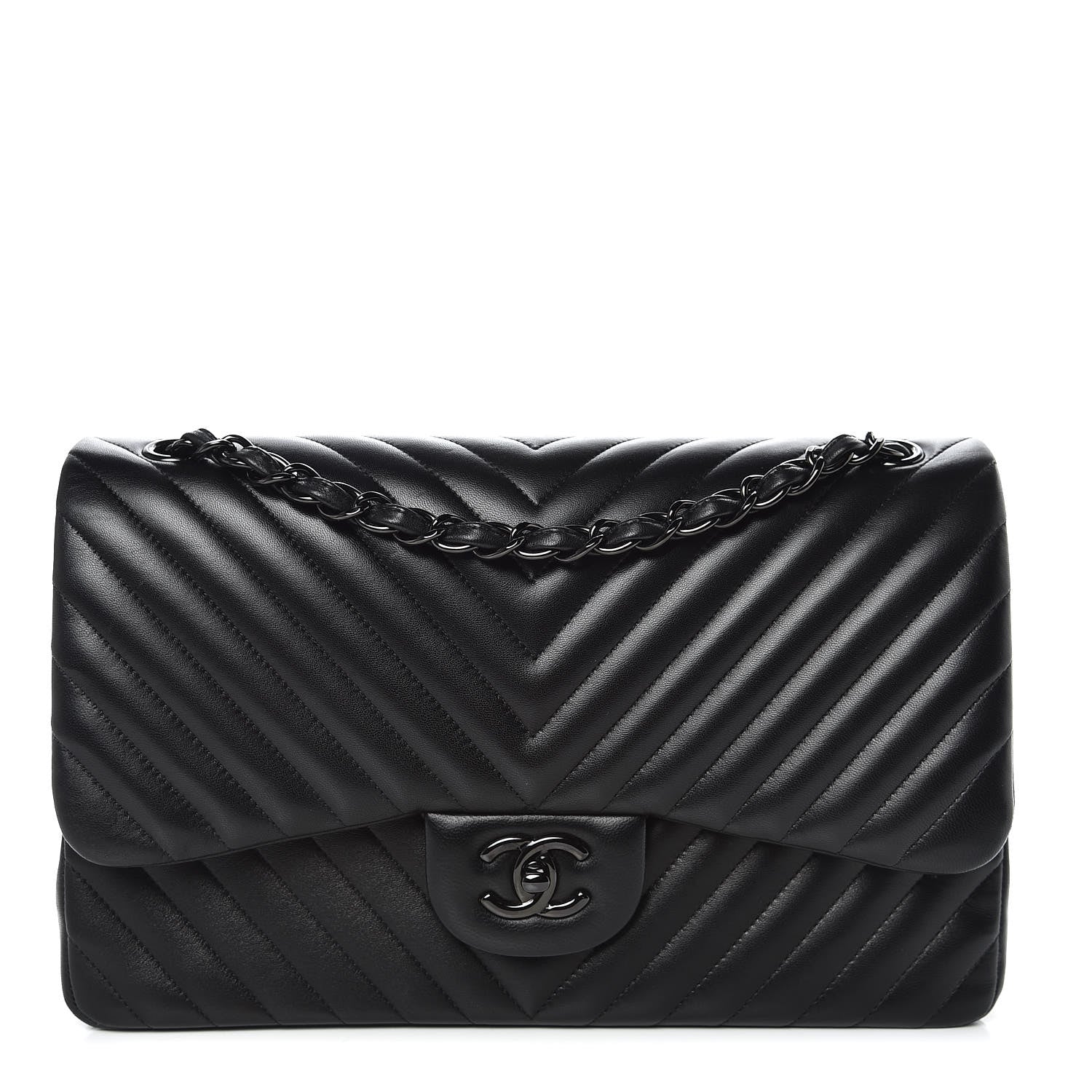 Chanel Lambskin Chevron Quilted Jumbo Double Flap So Black 1 of 11
