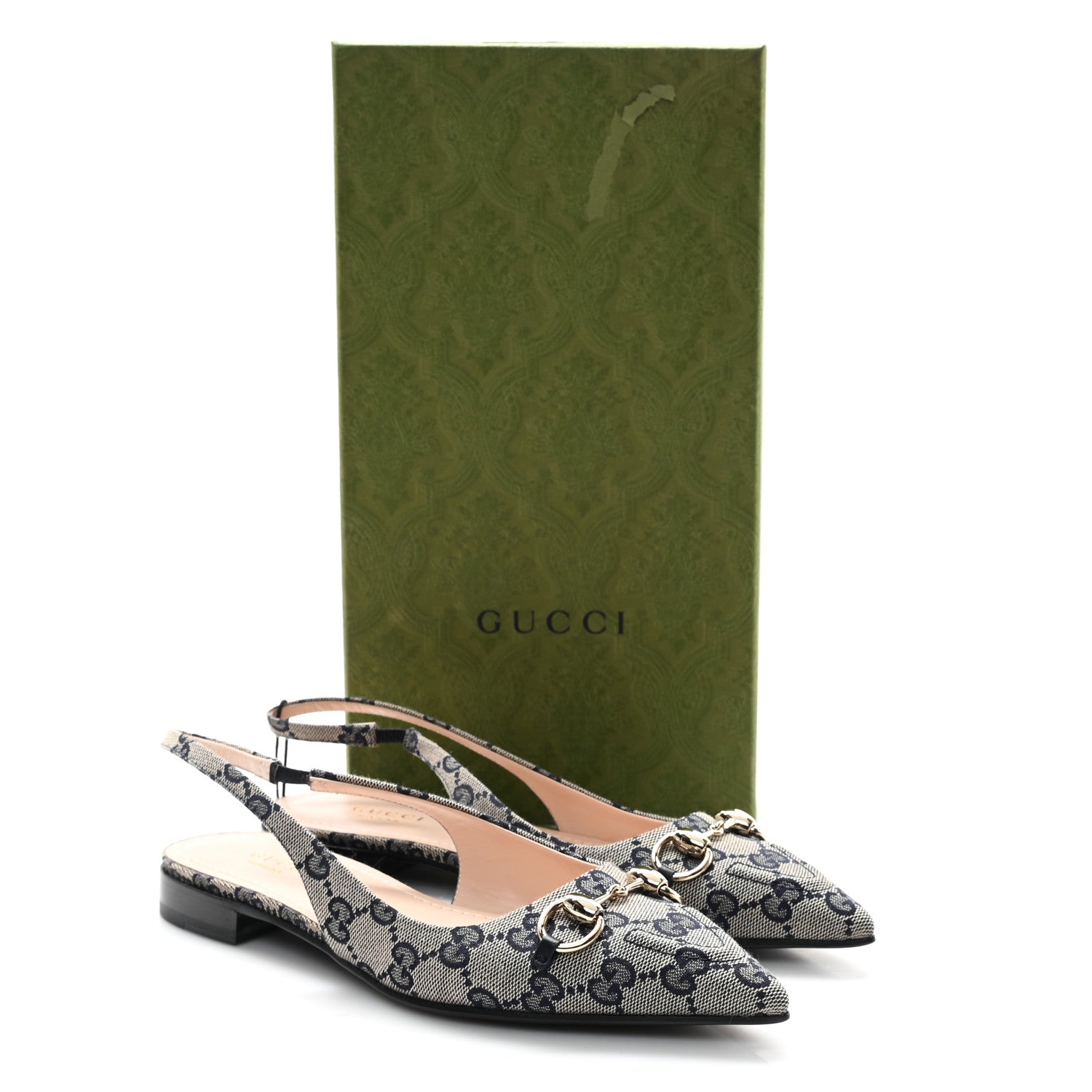 Gucci Monogram Horsebit Womens Slingback Ballet Flat 36 Beige Blue 11 of 11