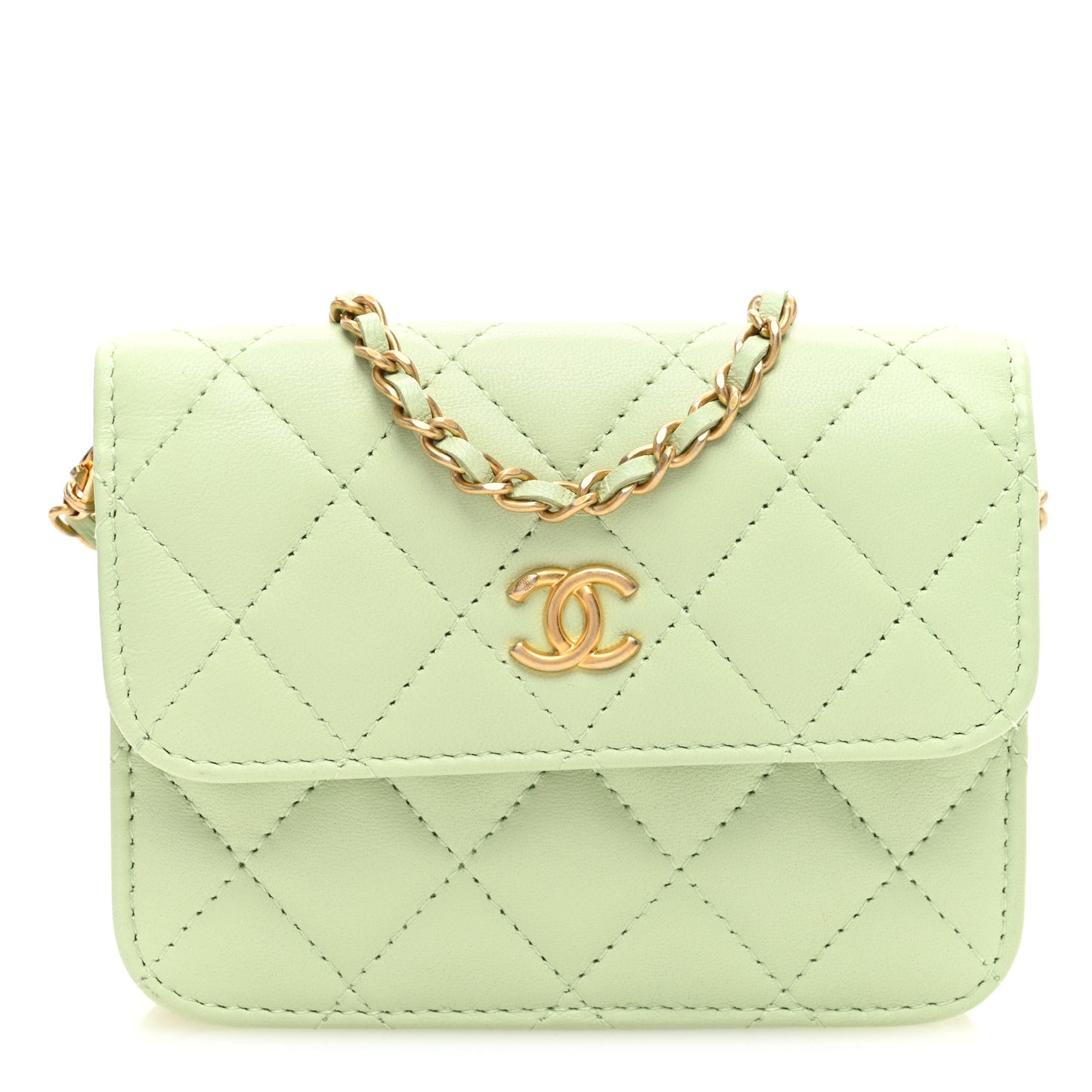 Lambskin Quilted Pearl Crush Clutch With Chain Light Green