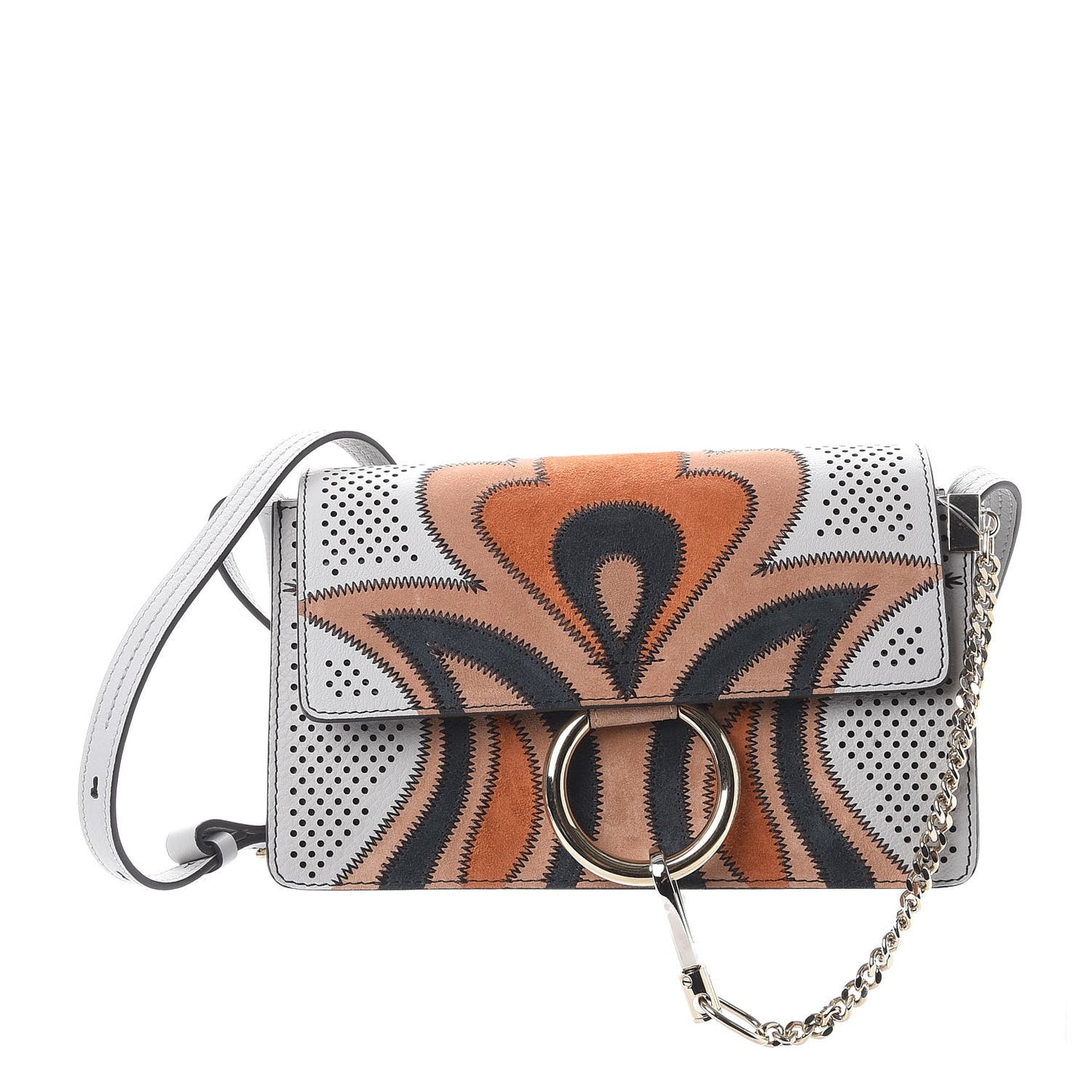 Calfskin Suede Paisley Patchwork Perforated Small Faye Shoulder Bag Airy Grey