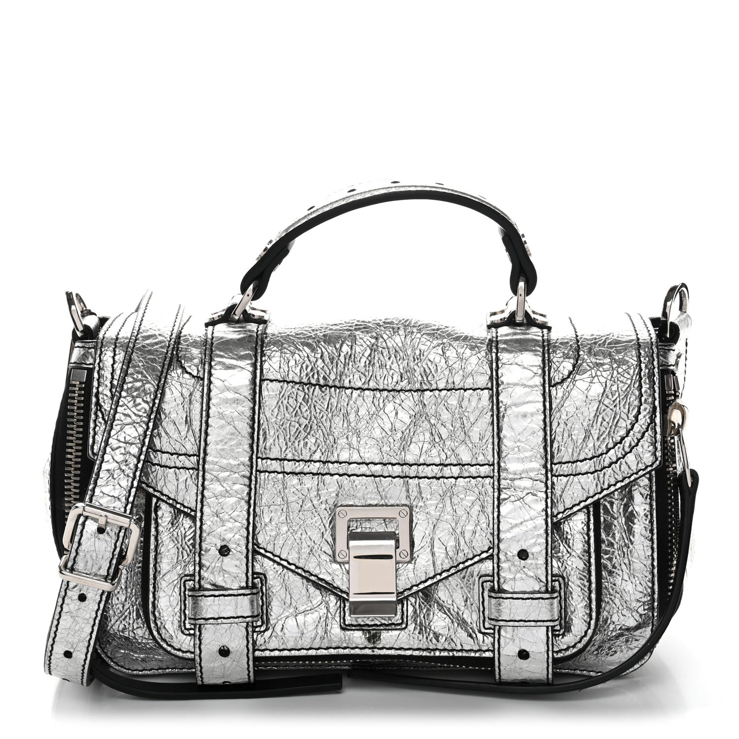 Metallic Paper Lambskin Medium PS1 Plus Zip Satchel Gun Metal