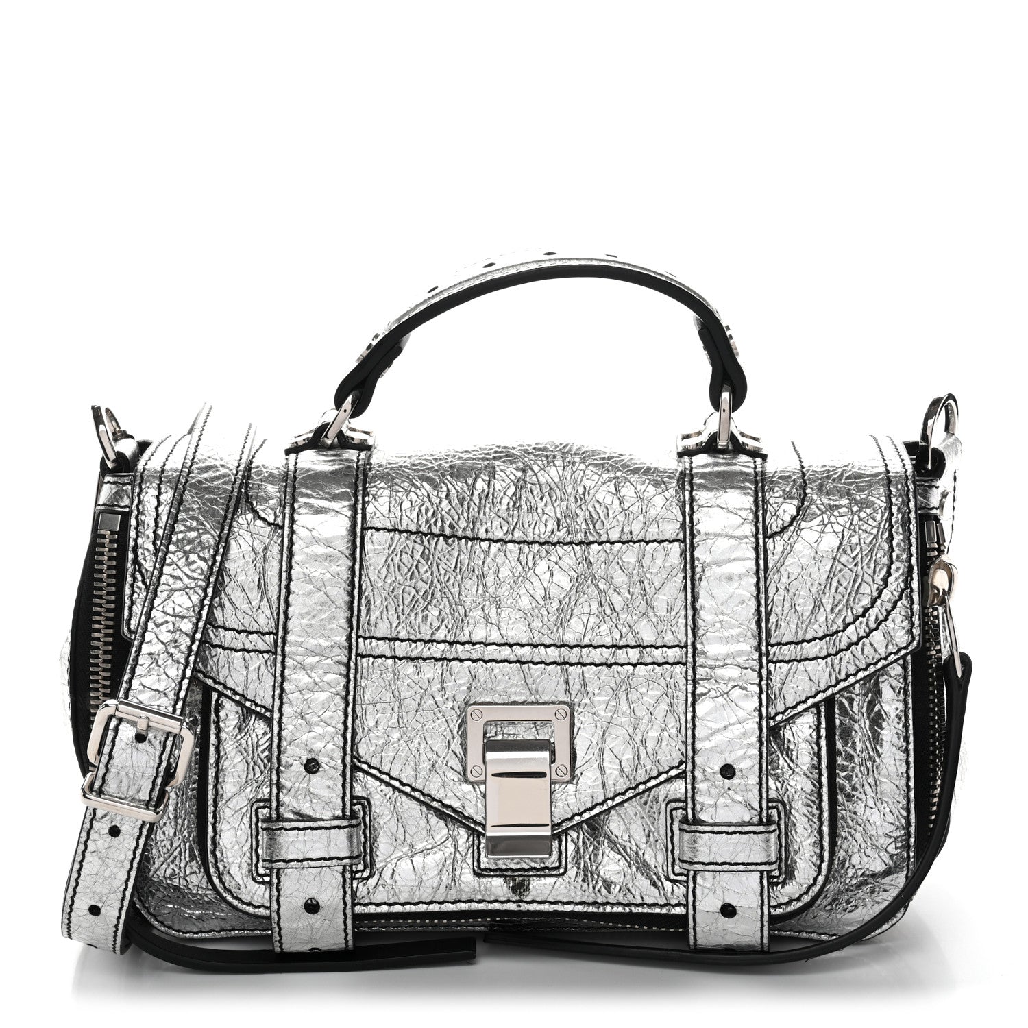 Proenza Schouler Metallic Paper Lambskin Medium PS1 Plus Zip Satchel Gun Metal 1 of 12