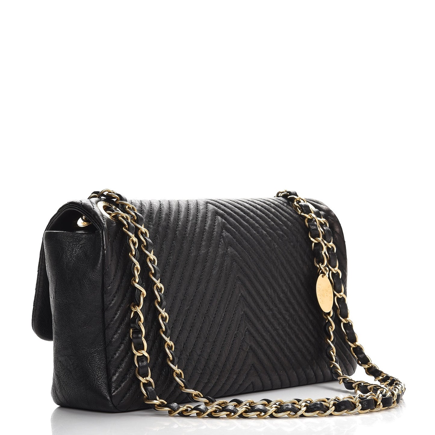 Calfskin Chevron Quilted Medium Surpique Flap Black