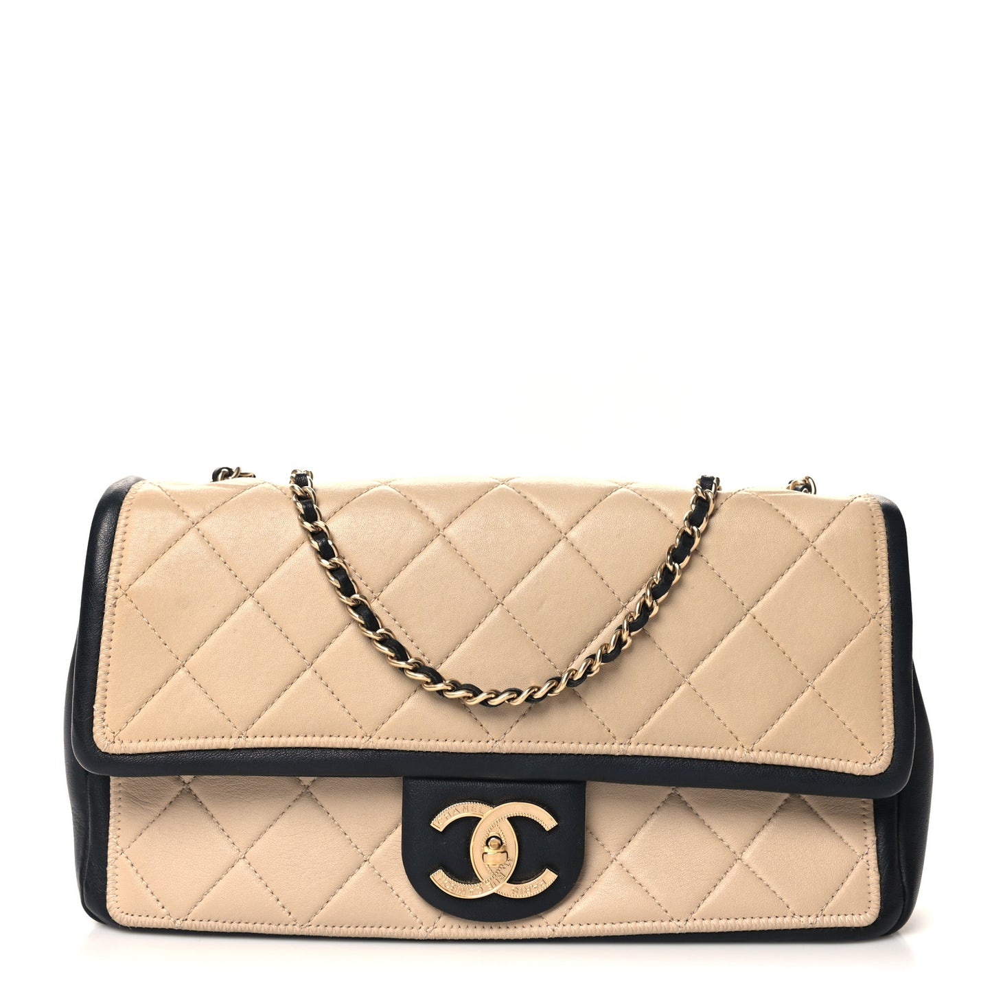 Calfskin Quilted Medium Graphic Flap Beige Black