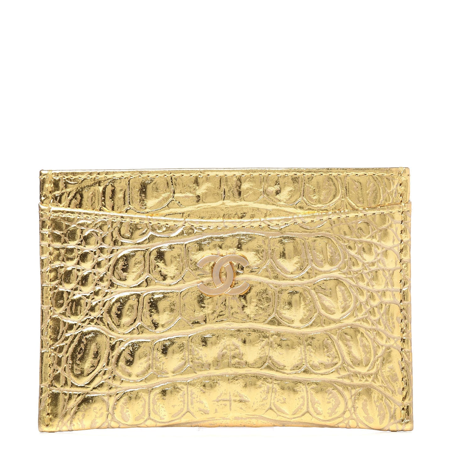 Metallic Calfskin Crocodile Embossed Cocodile Card Holder Gold
