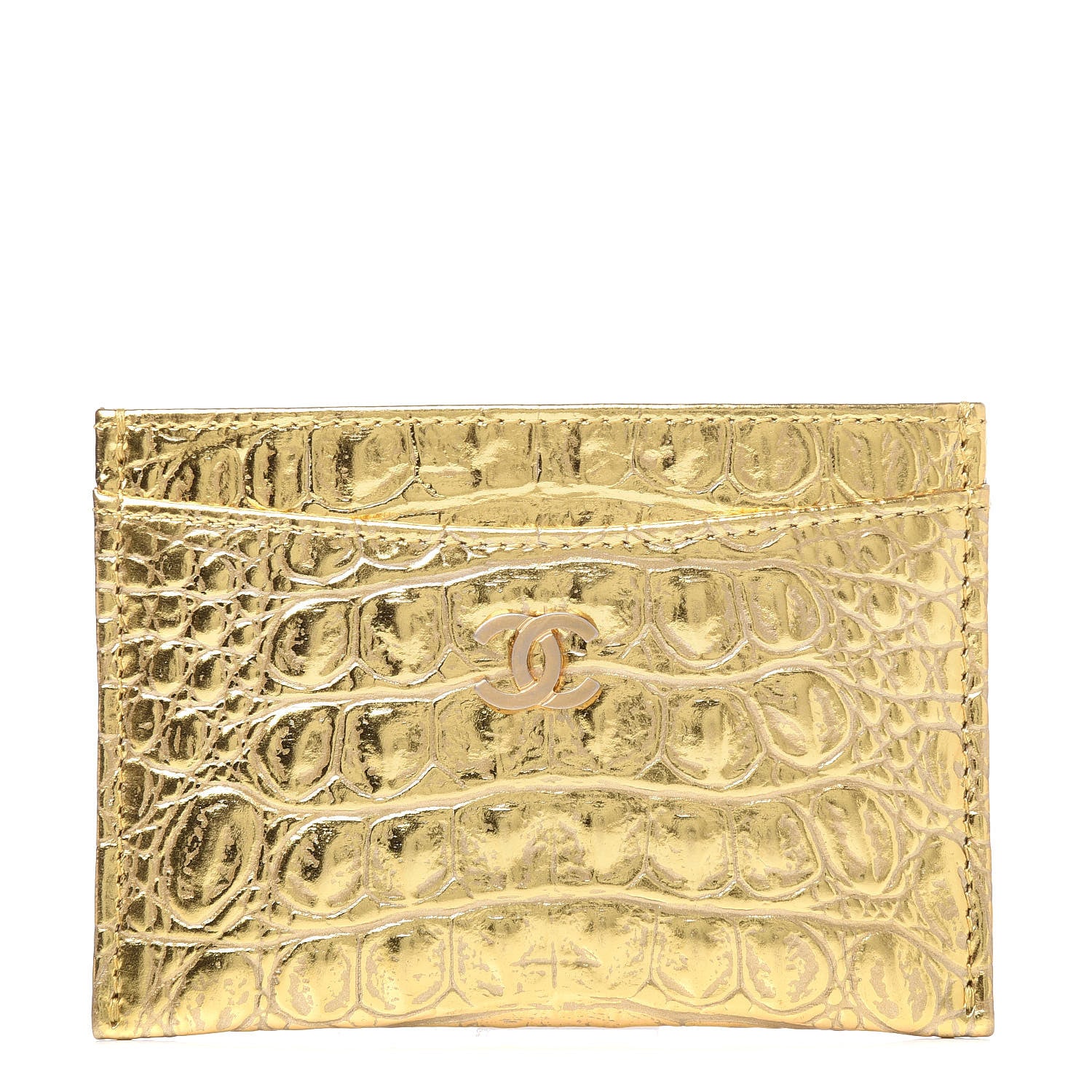 Chanel Metallic Calfskin Crocodile Embossed Cocodile Card Holder Gold 1 of 9