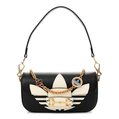 Gucci X ADIDAS Textured Dollar Calfskin Web Small Trefoil Horsebit 1955 Shoulder Bag Black Off White 1 of 11