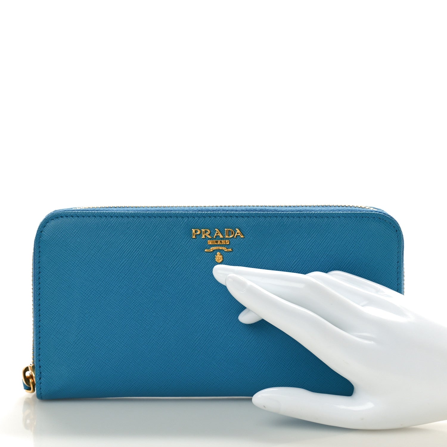 Prada Saffiano Metal Zip Around Wallet Celeste 2 of 7