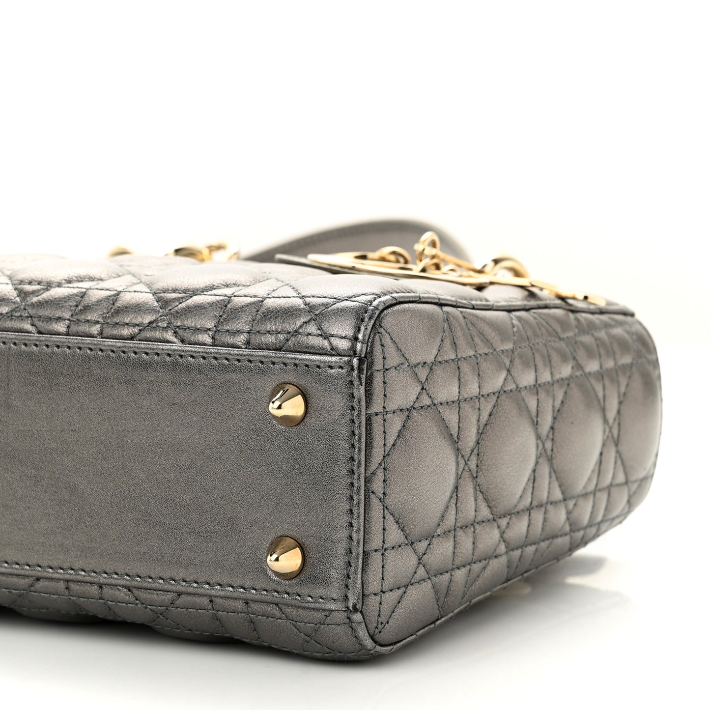Metallic Grained Calfskin Cannage Small Lady Dior Gunmetal