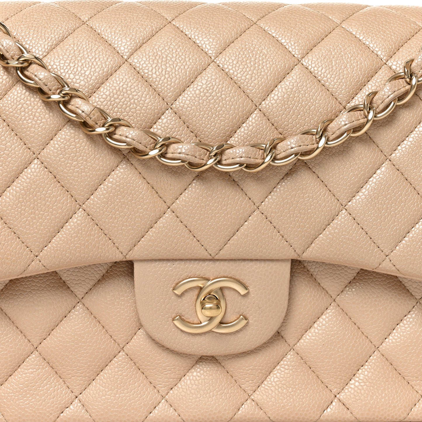 Pearly Caviar Quilted Jumbo Double Flap Beige