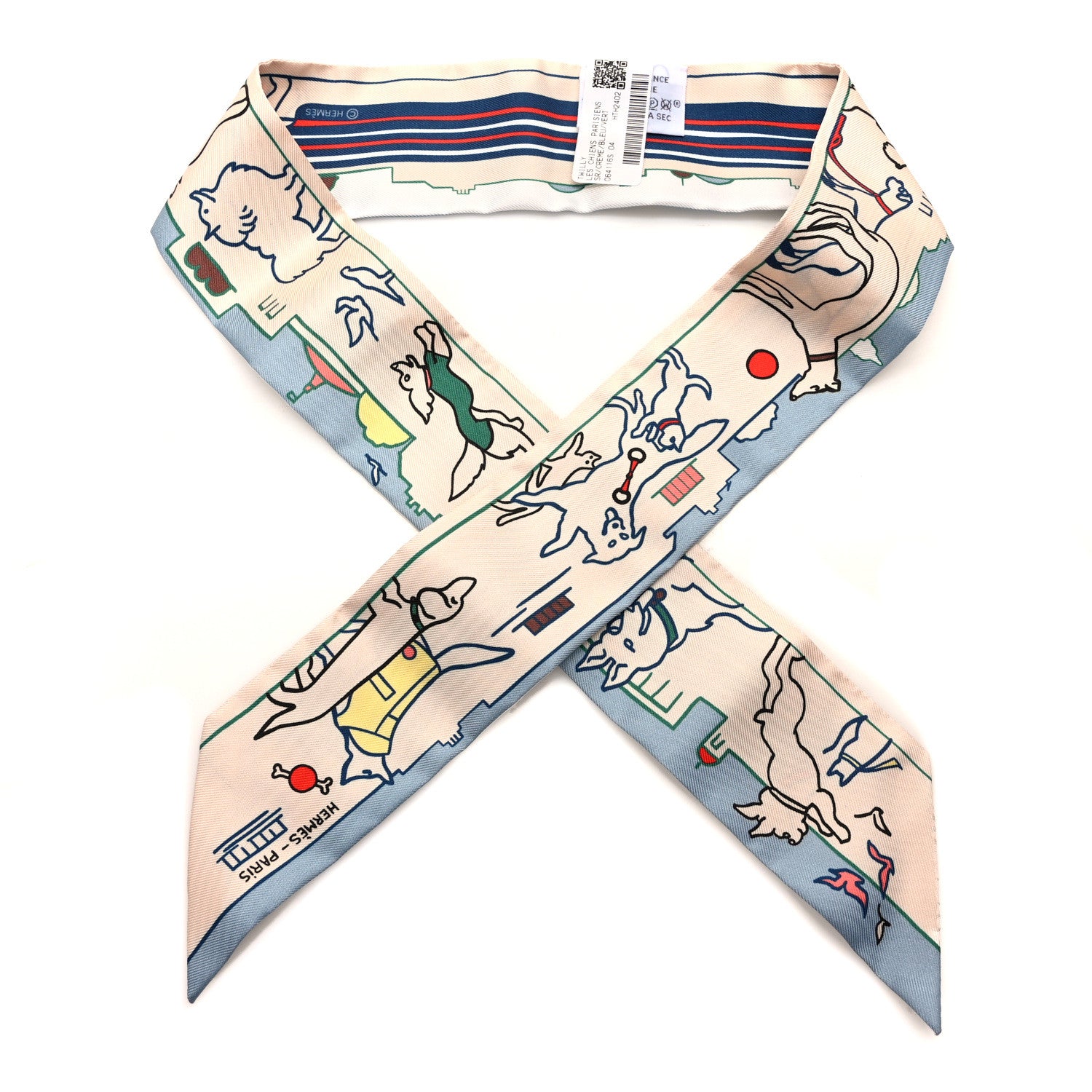 Hermes Silk Les Chiens Parisiens Twilly Creme Bleu Vert 1 of 4
