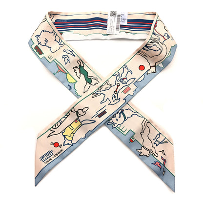 Hermes Silk Les Chiens Parisiens Twilly Creme Bleu Vert 1 of 4