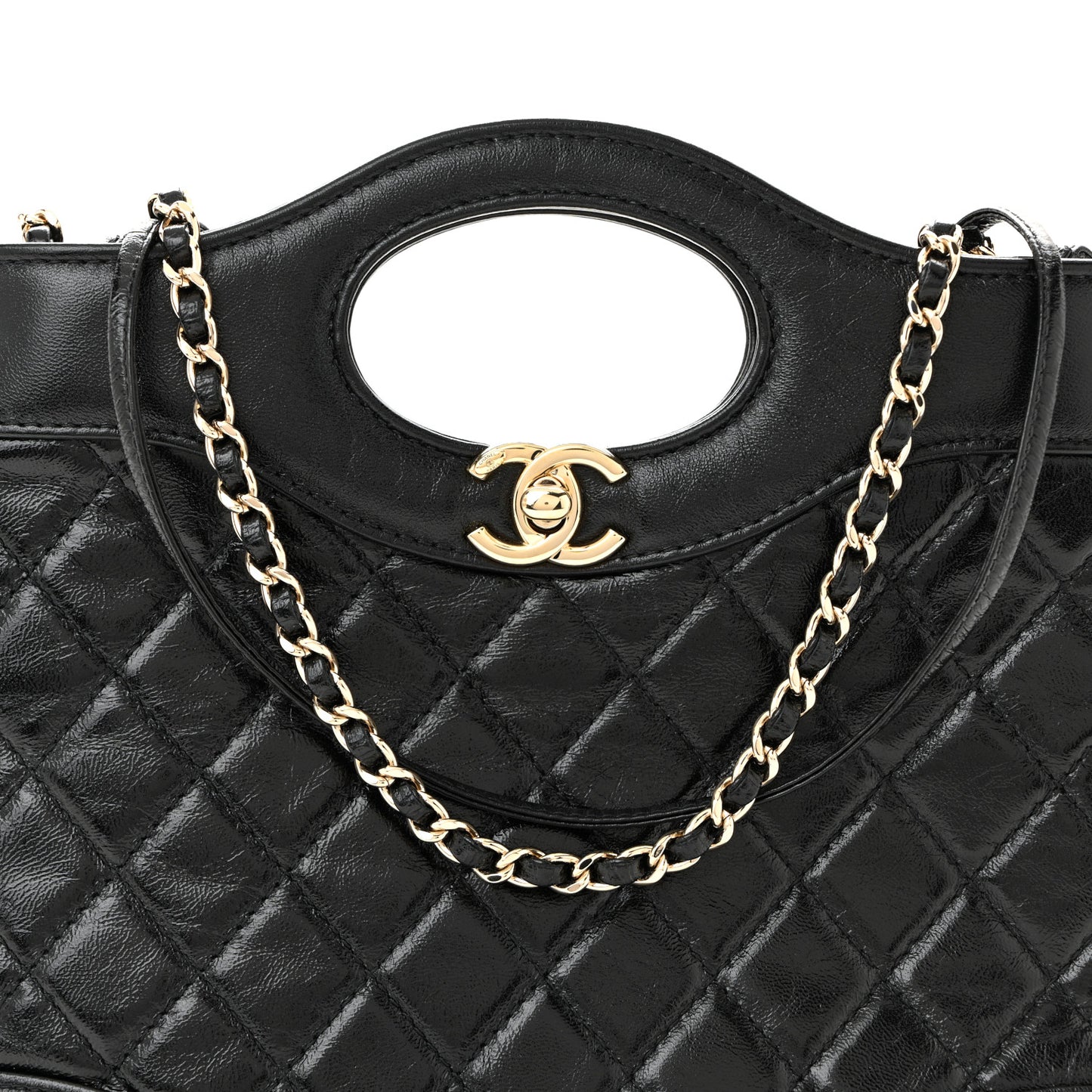 Shiny Crumpled Calfskin Quilted Mini 31 Shopping Bag Black
