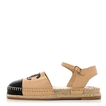 Chanel Lambskin Cap Toe CC Espadrille Sandals 38 Beige Black 1 of 10