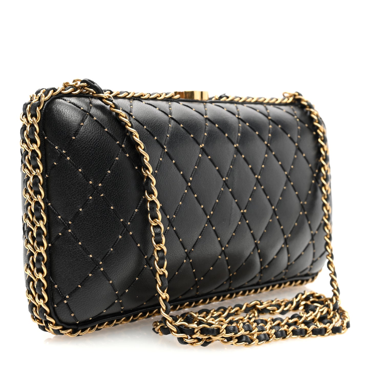 Lambskin Quilted Chain Around Clutch Black