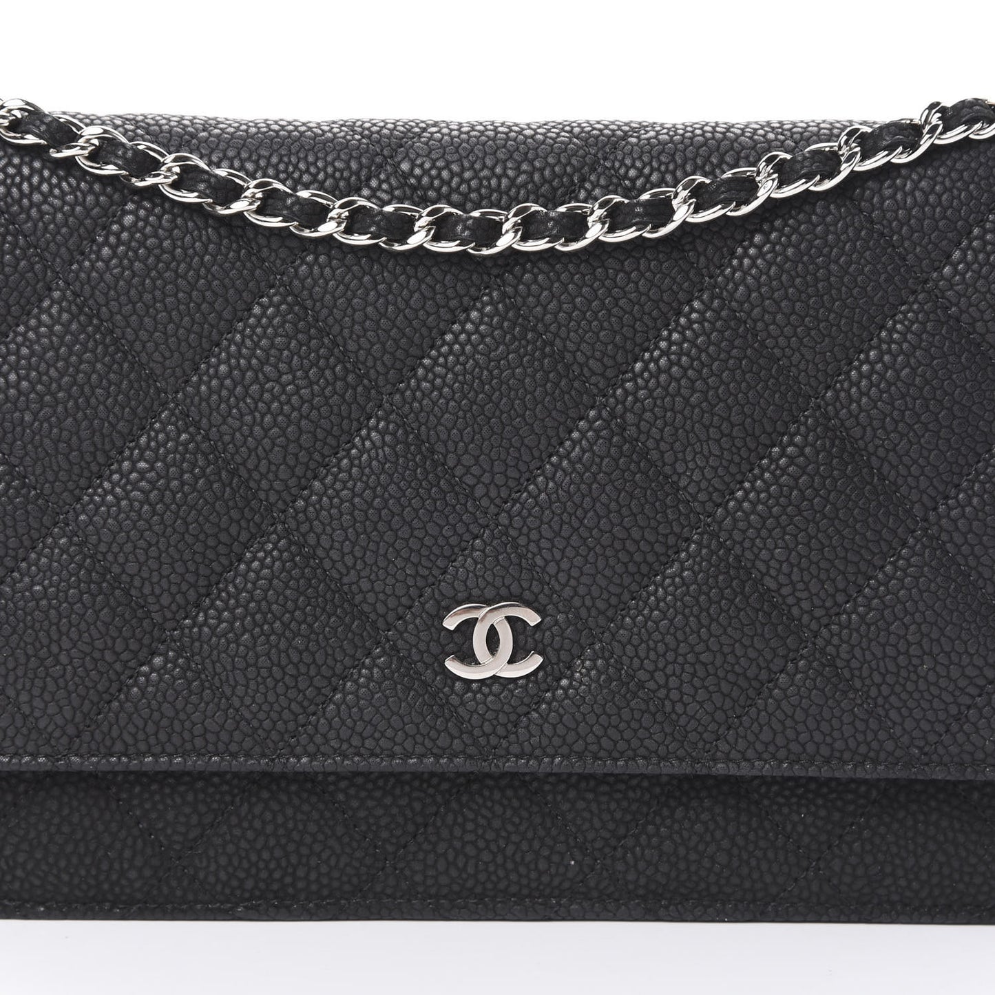 Iridescent Caviar Quilted Wallet On Chain WOC Black